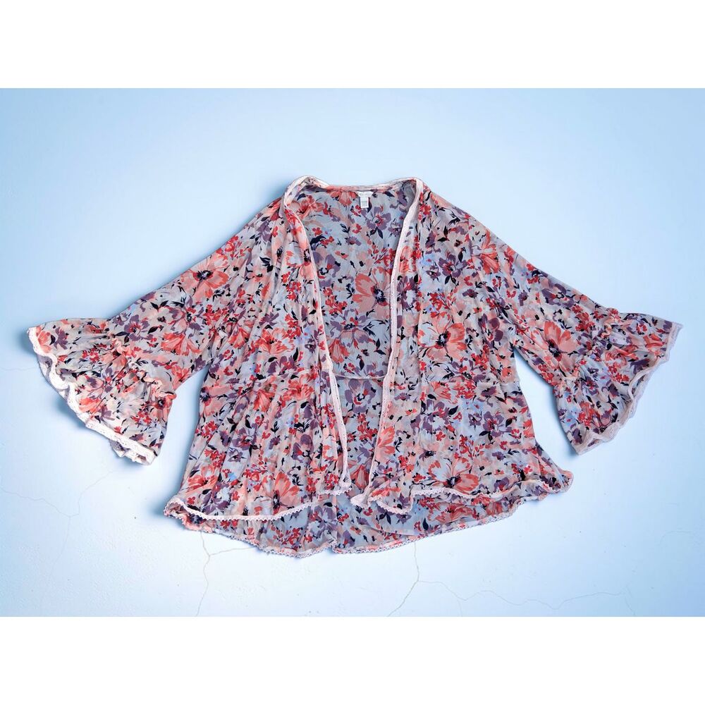 Cato Plus Size 18 20W Boho Floral Gauze Lace Open Front Layering Top